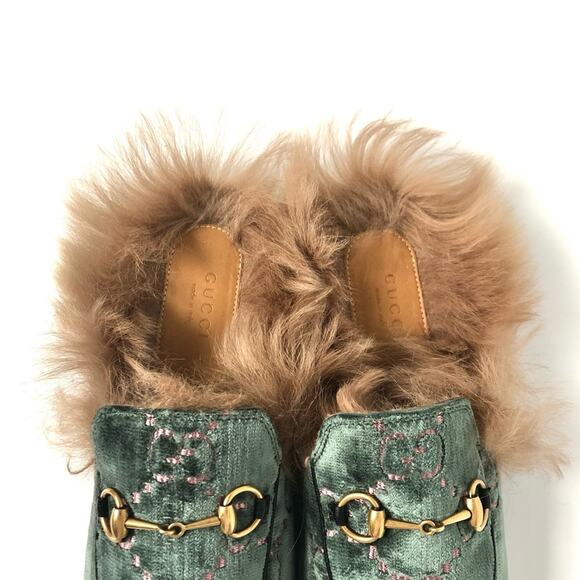 Gucci Princetown Horsebit Monogram Fur Avio Dusty Pink Velvet Slip On Mules 38.5 - Picture 5 of 10